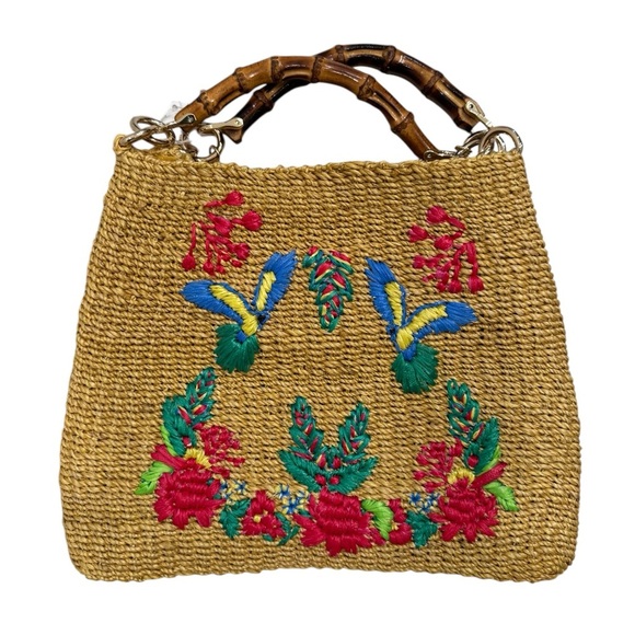 NWT Serpui Fancy Macaw Bird Tropical Woven Straw Handbag Bamboo Handle - Picture 1 of 8